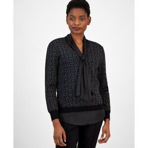 Anne Klein Sweater Womens Size M Black Tie Neck Layered Metallic Pullover $99